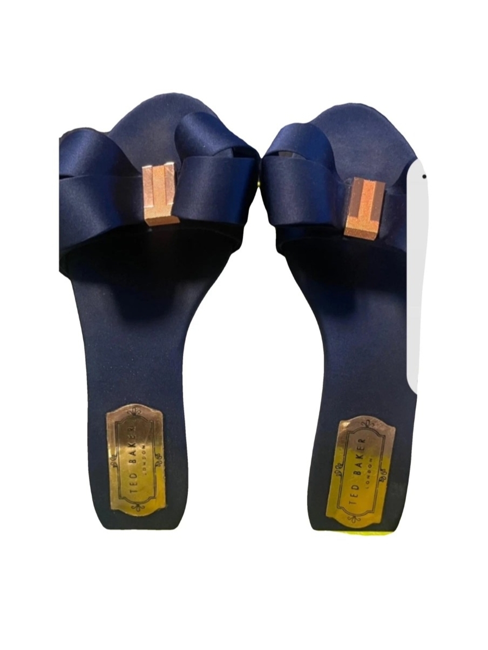 Ted Baker Navy Bow Slide Sandals with Gold Plaque